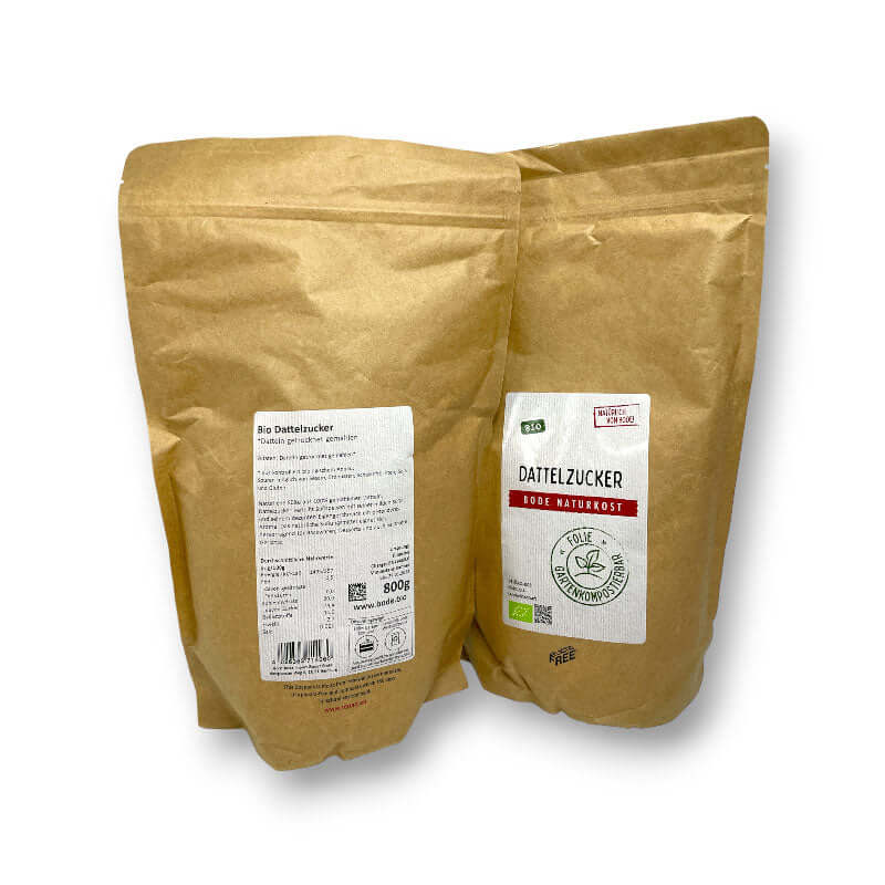 Dattelzucker bio gartenkompostierbarer Beutel 800g Vorne und Hinten